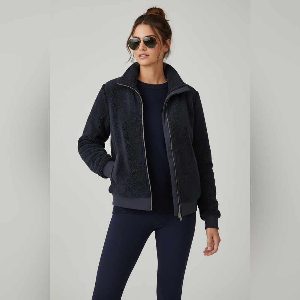 Banana Republic Medium Navy Fuzzy Fleece Zip Up Jacket Women's - Picture 1 of 10